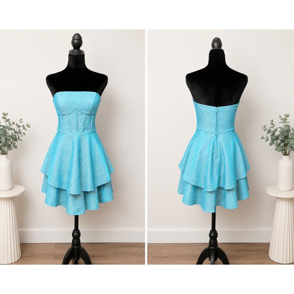 B Darlin Juniors 9/10 Turquoise Sparkle Strapless Homecoming Mini Dress NWT - Picture 3 of 11